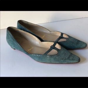 Christian Louboutin leather suede blue pointed red flats. Such a classic piece.